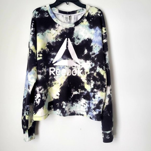 REEBOK LOGO Sweat Shirt Graphic Black Tie Dye Activewear Athleisure Loose Fit - Picture 6 of 9